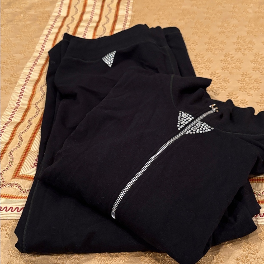 Onque Casuals Black Cotton Blend Sweat Pants/Jacket Duo, Rhinestone Detail, XL